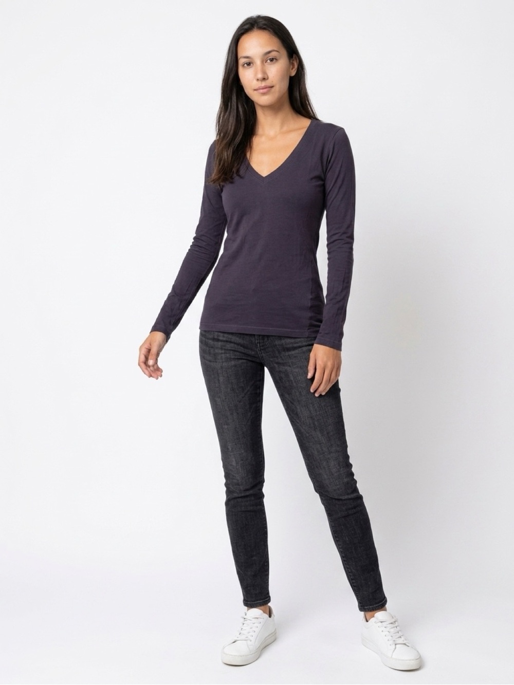 C&C California Classic V-Neck Long Sleeve Top - Navy